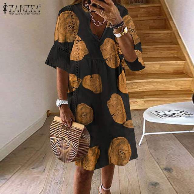 ZANZEA 2021  Summer Lace Dress Women's Sundress Fashion Flare Sleeve Short Vestido Female Bohemian V Neck Party Shirt Robe Femme