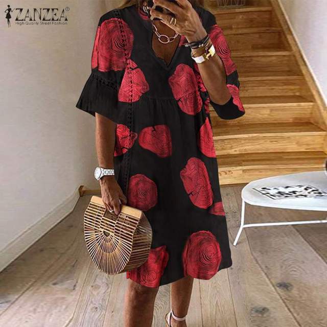 ZANZEA 2021  Summer Lace Dress Women's Sundress Fashion Flare Sleeve Short Vestido Female Bohemian V Neck Party Shirt Robe Femme
