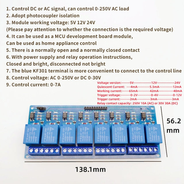 5/12/24V 1/2/4/6/8/16 relay module 8 channels, with optocoupler relay output 1 2 4 6 relay module 8 channels Low level trigger
