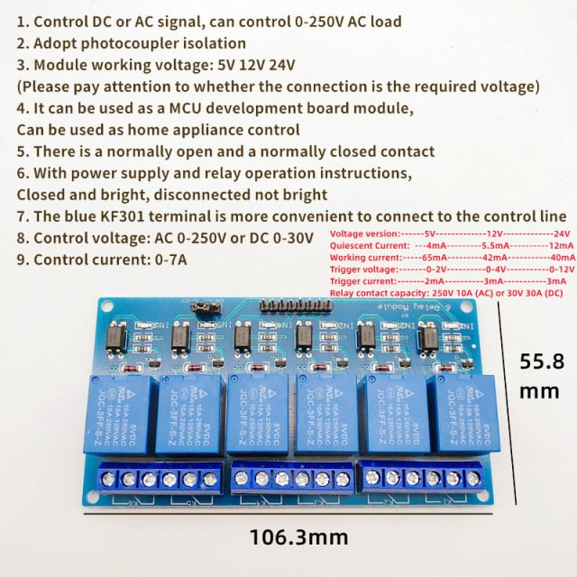 5/12/24V 1/2/4/6/8/16 relay module 8 channels, with optocoupler relay output 1 2 4 6 relay module 8 channels Low level trigger