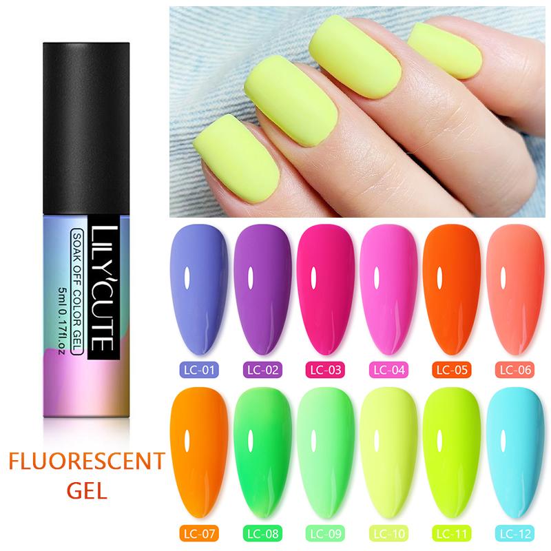 LILYCUTE 5ml Fluorescent Color Nail Gel Polish UV LED 12 Colors Manicure Semi Soak Off Gel Varnish Nail Art Design Gel Varnish