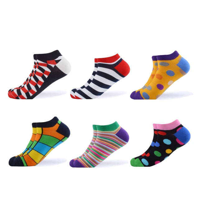 SANZETTI 6-12 Pairs/Lot Men's Ankle Socks Casual Novelty Colorful Summer Happy Combed Cotton Short Socks Plaid Dress Boat Socks