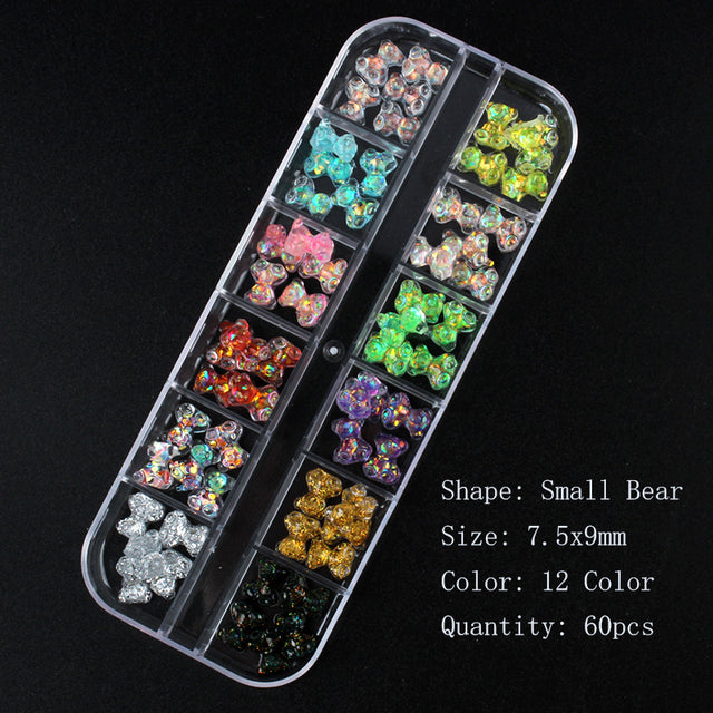 12 grid box 60Pcs 3D Cute Bear/Butterfly Resin Nail Art Decorations Aurora Rhinestone for Nails Glitter DIY Manicure Accessories