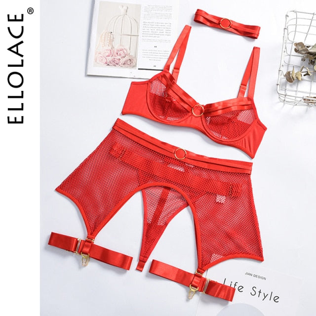 Ellolace Lingerie Women's Underwear 4 Piece Set Sensual Lingerie Women Bra with Bones Lingerie Set Erotic Lingerie Underwear Set