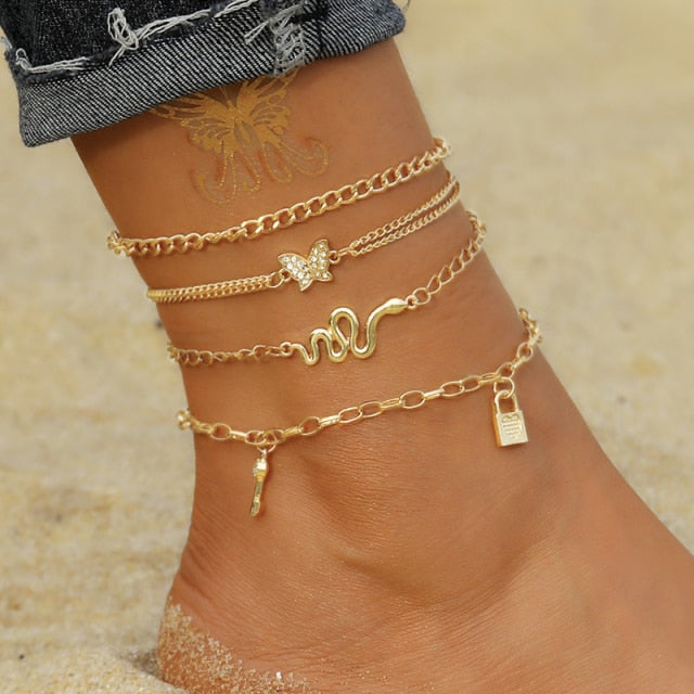 IPARAM Women's Anklet Bohemian Layered Heart Anklet 2021 Summer Beach Anklets On Foot Ankle Bracelets For Women Leg Chain