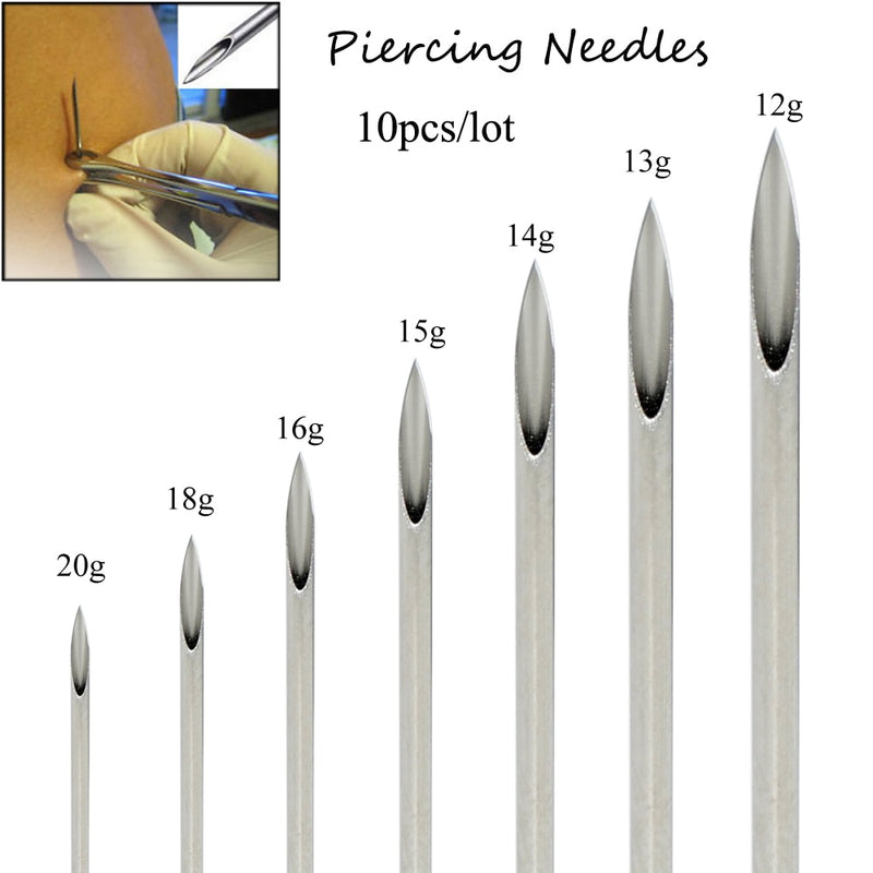 10pcs/set Disposable Tattoo 12g/14g/16g/18g/20g Piercing Needles For Navel Nipple Ear Nose Lip Tattoo Piercing Needles Kit Tool