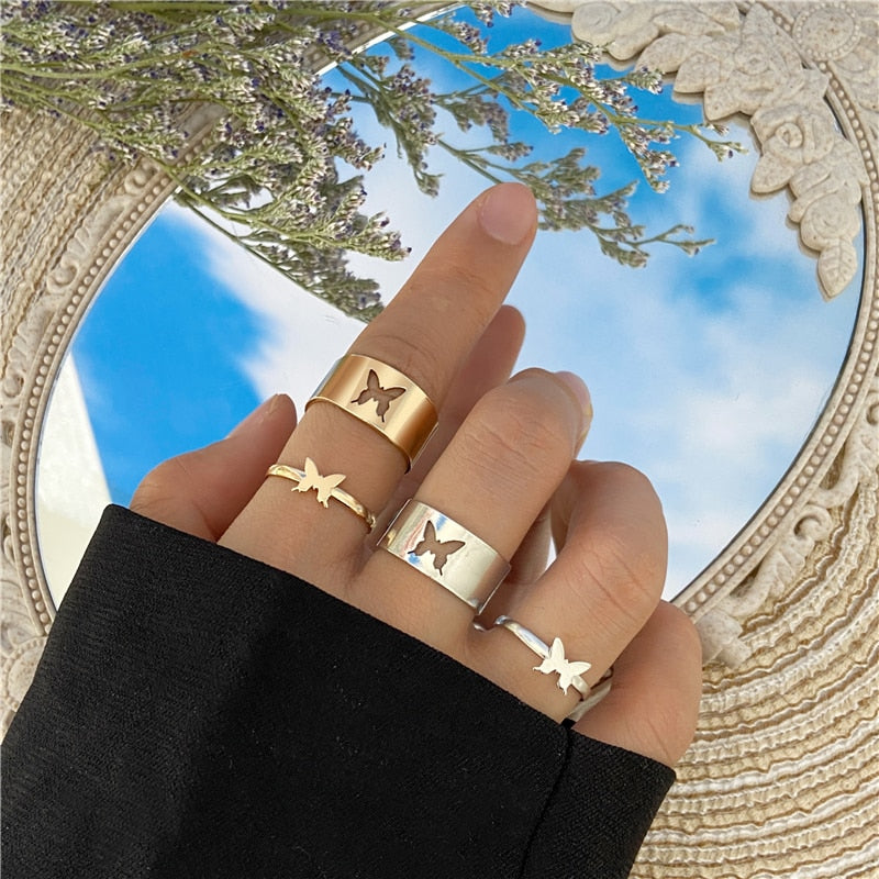 Punk Fashion Butterfly Rings For Women Men Gold Silver Color Lover Couple Butterfly Ring Set Opening Engagement Wedding Jewelry