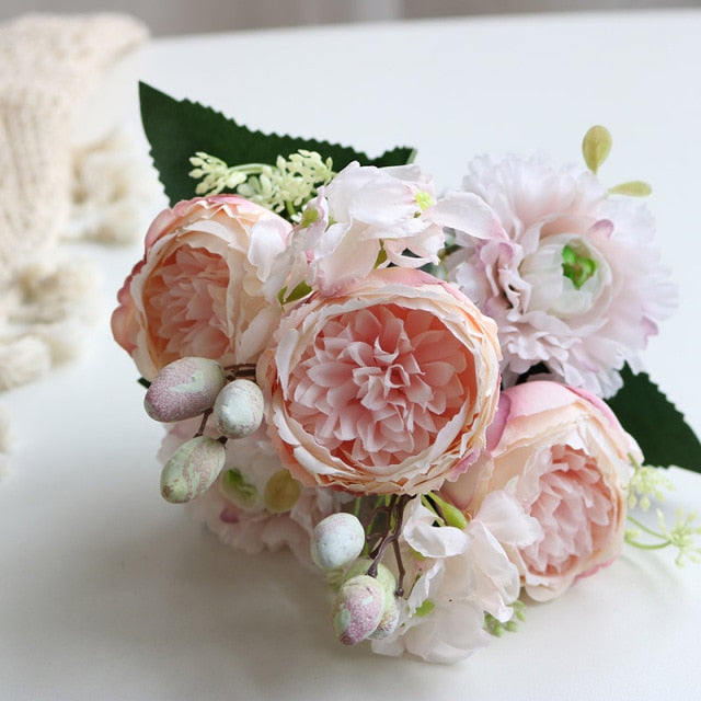 Hot Selling 1pcs/30cm Rose Pink Silk Bouquet Peony Artificial Flower 5 Big Head 4 Small Bud Bride Wedding Home Decoration Artifi