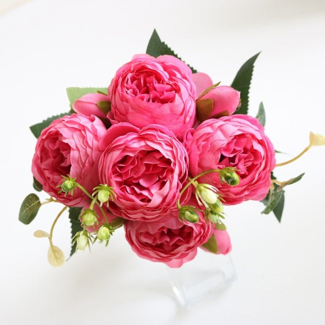 Hot Selling 1pcs/30cm Rose Pink Silk Bouquet Peony Artificial Flower 5 Big Head 4 Small Bud Bride Wedding Home Decoration Artifi
