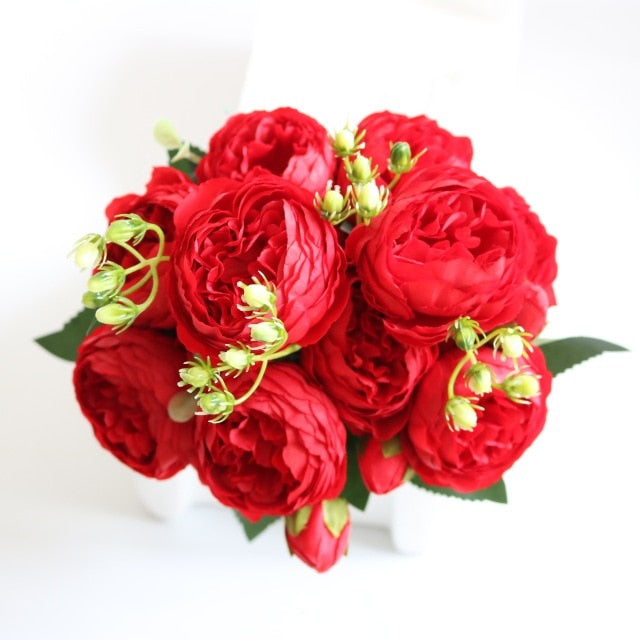 Hot Selling 1pcs/30cm Rose Pink Silk Bouquet Peony Artificial Flower 5 Big Head 4 Small Bud Bride Wedding Home Decoration Artifi