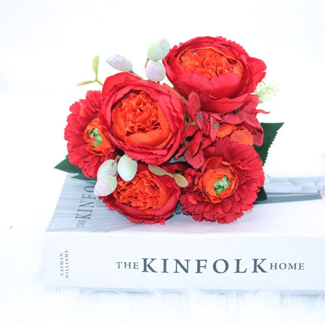 Hot Selling 1pcs/30cm Rose Pink Silk Bouquet Peony Artificial Flower 5 Big Head 4 Small Bud Bride Wedding Home Decoration Artifi