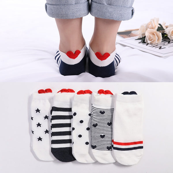 5 Pairs Lot Cotton Women Socks Female Casual Boat 3D Pack Cartoon Harajuku Cat Cute Heart Invisiable Funny Girl Ankle Sock Set