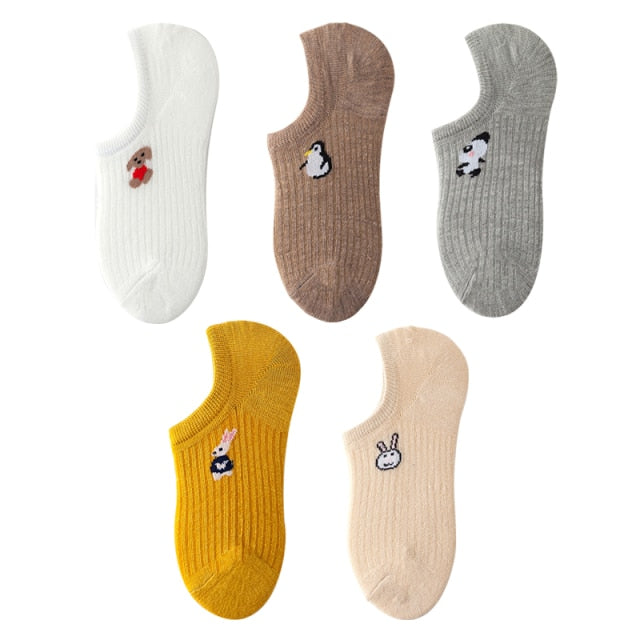 5 Pairs Lot Cotton Women Socks Female Casual Boat 3D Pack Cartoon Harajuku Cat Cute Heart Invisiable Funny Girl Ankle Sock Set