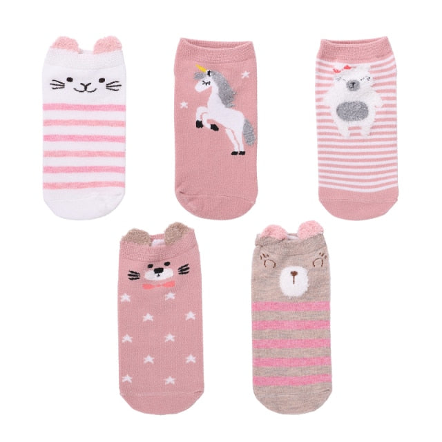 5 Pairs Lot Cotton Women Socks Female Casual Boat 3D Pack Cartoon Harajuku Cat Cute Heart Invisiable Funny Girl Ankle Sock Set