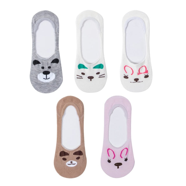 5 Pairs Lot Cotton Women Socks Female Casual Boat 3D Pack Cartoon Harajuku Cat Cute Heart Invisiable Funny Girl Ankle Sock Set