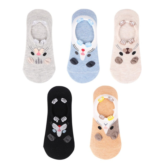 5 Pairs Lot Cotton Women Socks Female Casual Boat 3D Pack Cartoon Harajuku Cat Cute Heart Invisiable Funny Girl Ankle Sock Set