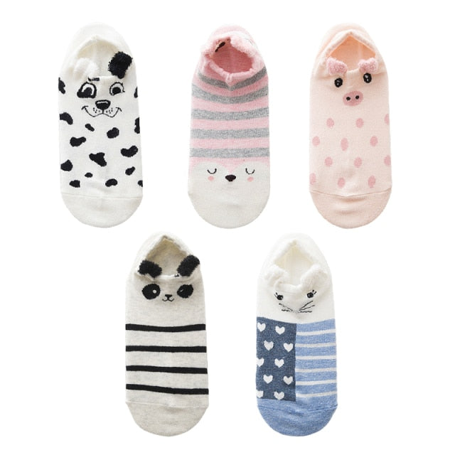 5 Pairs Lot Cotton Women Socks Female Casual Boat 3D Pack Cartoon Harajuku Cat Cute Heart Invisiable Funny Girl Ankle Sock Set