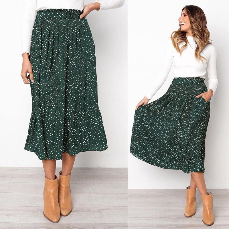 White Dots Floral Print Pleated Midi Skirt Women Elastic High Waist Side Pockets Skirts Summer 2021 Elegant Female Bottom