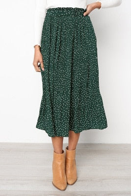 White Dots Floral Print Pleated Midi Skirt Women Elastic High Waist Side Pockets Skirts Summer 2021 Elegant Female Bottom