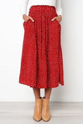 White Dots Floral Print Pleated Midi Skirt Women Elastic High Waist Side Pockets Skirts Summer 2021 Elegant Female Bottom