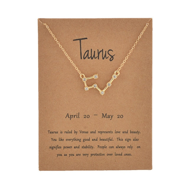 Female Elegant Star Zodiac Sign 12 Constellation Necklaces Pendant Charm Gold Chain Choker Necklaces for Women Jewelry Cardboard