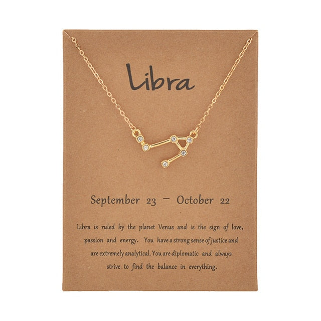 Female Elegant Star Zodiac Sign 12 Constellation Necklaces Pendant Charm Gold Chain Choker Necklaces for Women Jewelry Cardboard