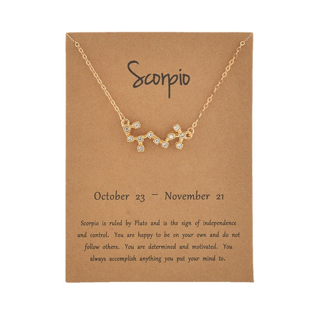 Female Elegant Star Zodiac Sign 12 Constellation Necklaces Pendant Charm Gold Chain Choker Necklaces for Women Jewelry Cardboard