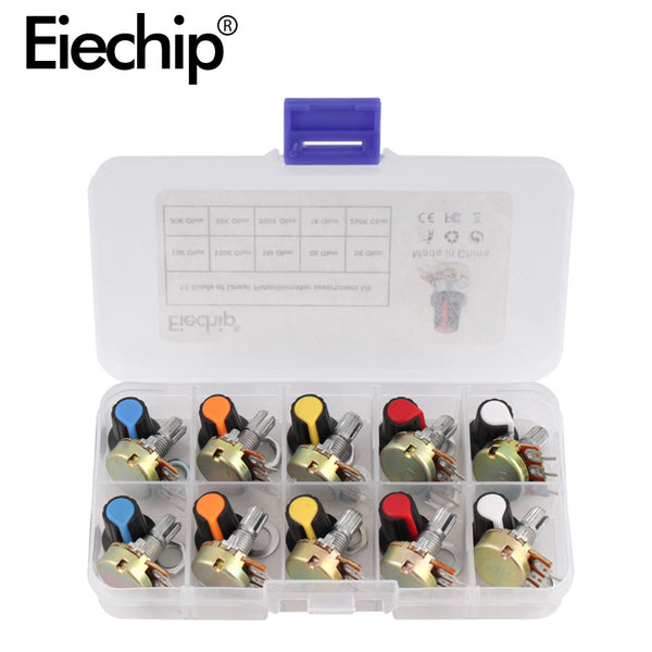 WH148 Potentiometer Kit B1K 2K 5K 10K 20K 50K 100K 500K 1M 15mm Linear Taper Rotary Potentiometer Resistor Set 3pin With Cap