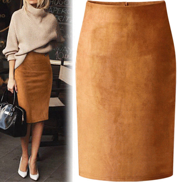 Sexy Multi Color Suede Midi Pencil Skirt Women 2021 Fashion Elastic High Waist Office Lady Bodycon Skirts Saias