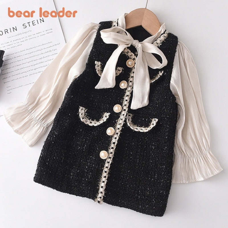 Bear Leader Girls Princess Patchwork Dress 2021 New Fashion Party Costumes Kids Bowtie Casual Outfits Baby Lovely Suits for 2 7Y
