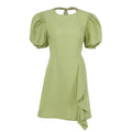 OOTN O-Neck Open Back Sexy Women Dress Puff Sleeve Green Solid Casual Summer Ladies White Lace Up Asymmetry Short Dresses Cotton
