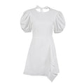 OOTN O-Neck Open Back Sexy Women Dress Puff Sleeve Green Solid Casual Summer Ladies White Lace Up Asymmetry Short Dresses Cotton