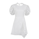 OOTN O-Neck Open Back Sexy Women Dress Puff Sleeve Green Solid Casual Summer Ladies White Lace Up Asymmetry Short Dresses Cotton