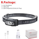 Mini Rechargeable LED Headlamp Body Motion Sensor Headlight Camping Flashlight Head Light Torch Lamp With USB