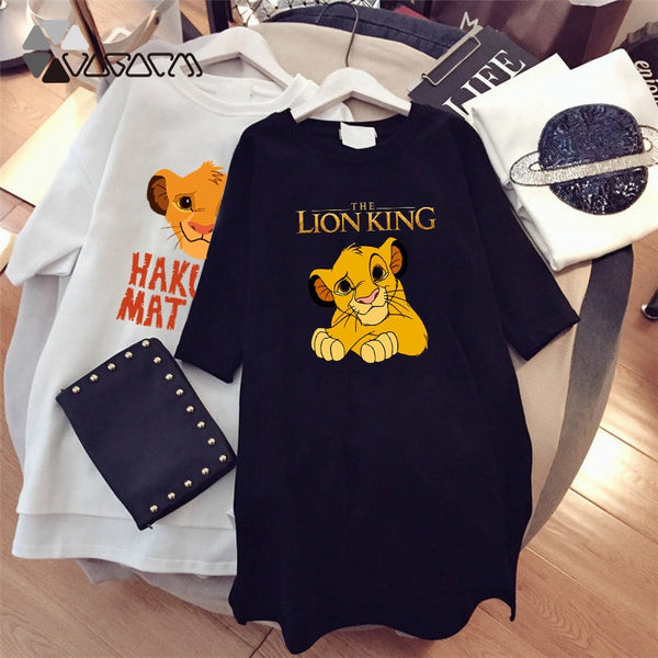 Summer T-Shirt Dress Women Cartoon Print Robe Femme Simba The Lion King Casual Short Sleeve White Tee Dresses Vestidos