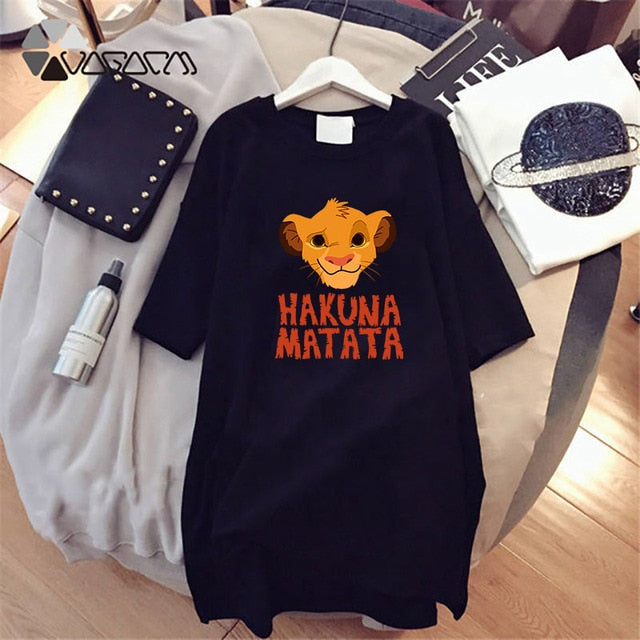Summer T-Shirt Dress Women Cartoon Print Robe Femme Simba The Lion King Casual Short Sleeve White Tee Dresses Vestidos