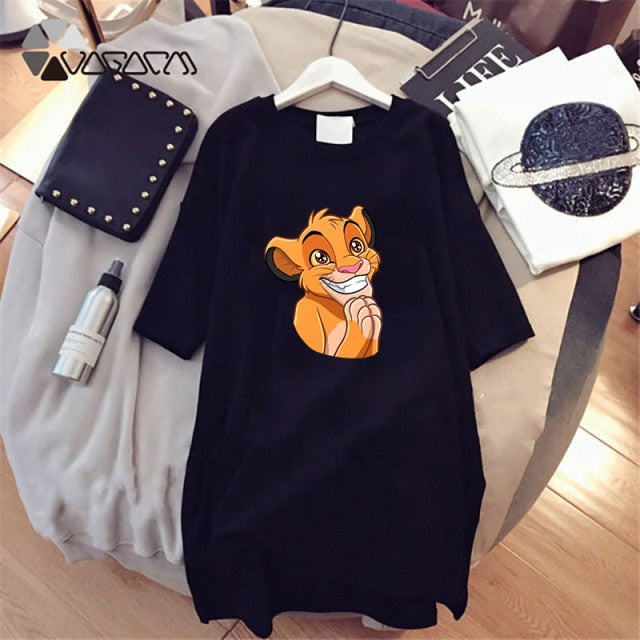 Summer T-Shirt Dress Women Cartoon Print Robe Femme Simba The Lion King Casual Short Sleeve White Tee Dresses Vestidos