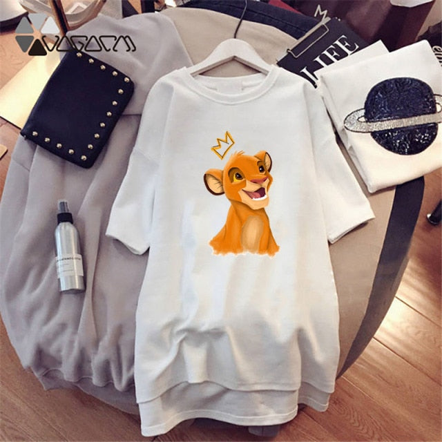Summer T-Shirt Dress Women Cartoon Print Robe Femme Simba The Lion King Casual Short Sleeve White Tee Dresses Vestidos