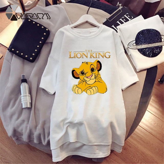Summer T-Shirt Dress Women Cartoon Print Robe Femme Simba The Lion King Casual Short Sleeve White Tee Dresses Vestidos