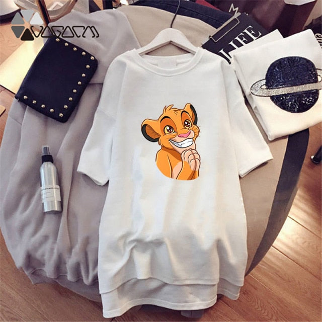 Summer T-Shirt Dress Women Cartoon Print Robe Femme Simba The Lion King Casual Short Sleeve White Tee Dresses Vestidos