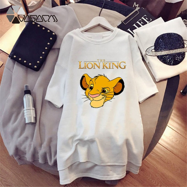 Summer T-Shirt Dress Women Cartoon Print Robe Femme Simba The Lion King Casual Short Sleeve White Tee Dresses Vestidos