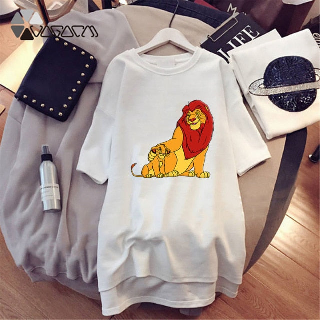 Summer T-Shirt Dress Women Cartoon Print Robe Femme Simba The Lion King Casual Short Sleeve White Tee Dresses Vestidos