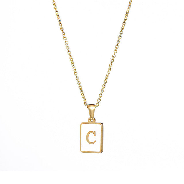 2021 Trend 18K Golden Chain Necklaces Male Square Natural Shell Initial Letters Pendant Stainless Steel Jewelry for Women Gifts