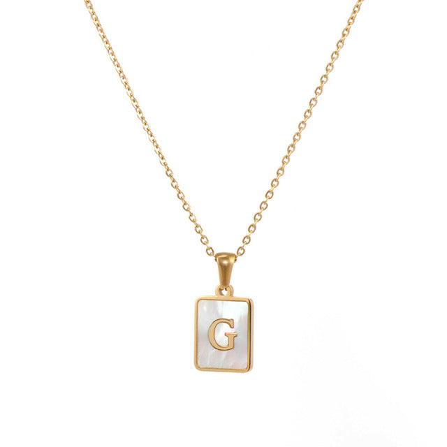 2021 Trend 18K Golden Chain Necklaces Male Square Natural Shell Initial Letters Pendant Stainless Steel Jewelry for Women Gifts