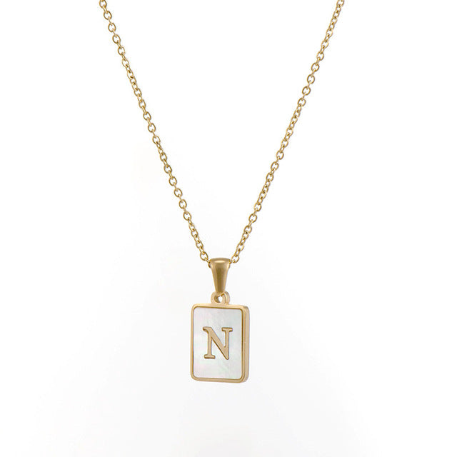 2021 Trend 18K Golden Chain Necklaces Male Square Natural Shell Initial Letters Pendant Stainless Steel Jewelry for Women Gifts