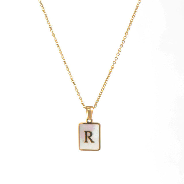 2021 Trend 18K Golden Chain Necklaces Male Square Natural Shell Initial Letters Pendant Stainless Steel Jewelry for Women Gifts