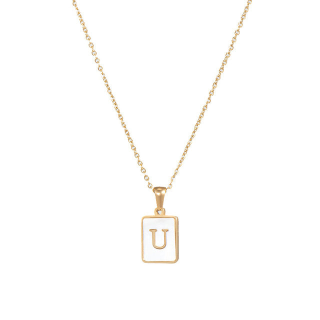 2021 Trend 18K Golden Chain Necklaces Male Square Natural Shell Initial Letters Pendant Stainless Steel Jewelry for Women Gifts