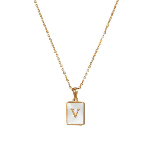 2021 Trend 18K Golden Chain Necklaces Male Square Natural Shell Initial Letters Pendant Stainless Steel Jewelry for Women Gifts