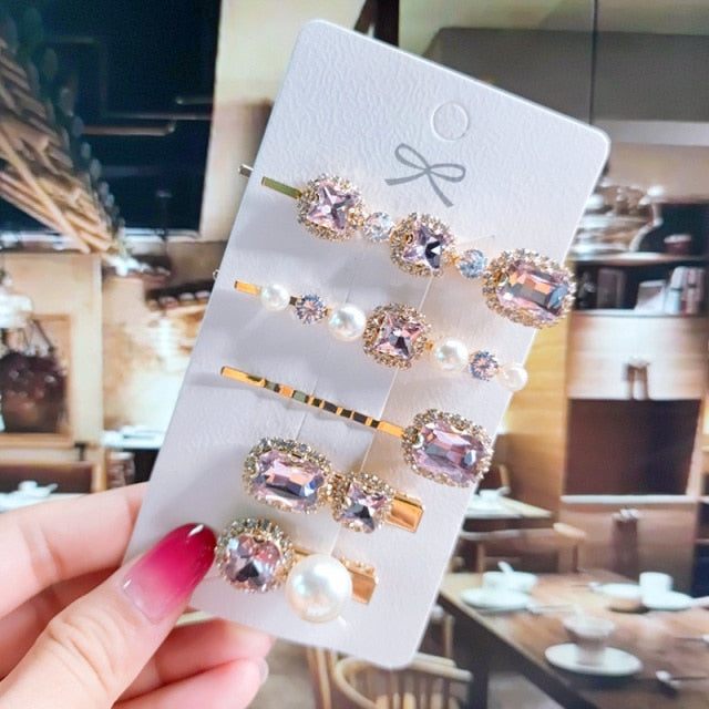 Women Hair Clips Set Jewelry Fashion Green Crystal Hair Accessories Luxury Simulation Pearl Barrette Pin For Girl Gift Ornaments