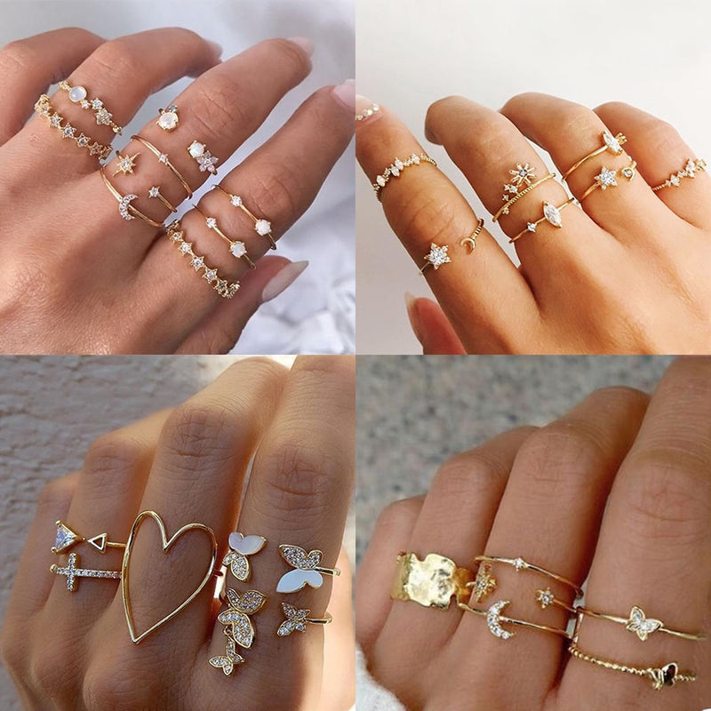 Bohemian Geometric Rings Sets Crystal Star Moon Flower Butterfly Constellation Knuckle Finger Ring Set For Women Fashion Jewelry